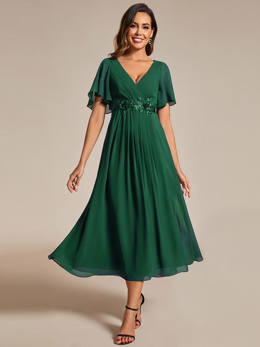 Short Sleeve V Neck Knee Length Mother of the Bride Dress #color_Dark Green