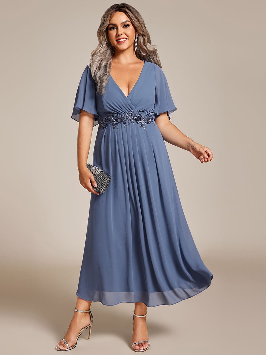 Short Sleeves V-Neck Tea Length Wedding Guest Dress with Floral Applique #color_Dusty Blue