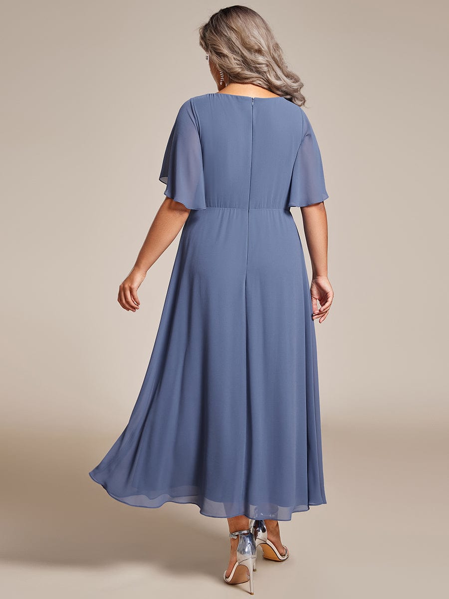 Short Sleeve V Neck Knee Length Mother of the Bride Dress #color_Dusty Blue