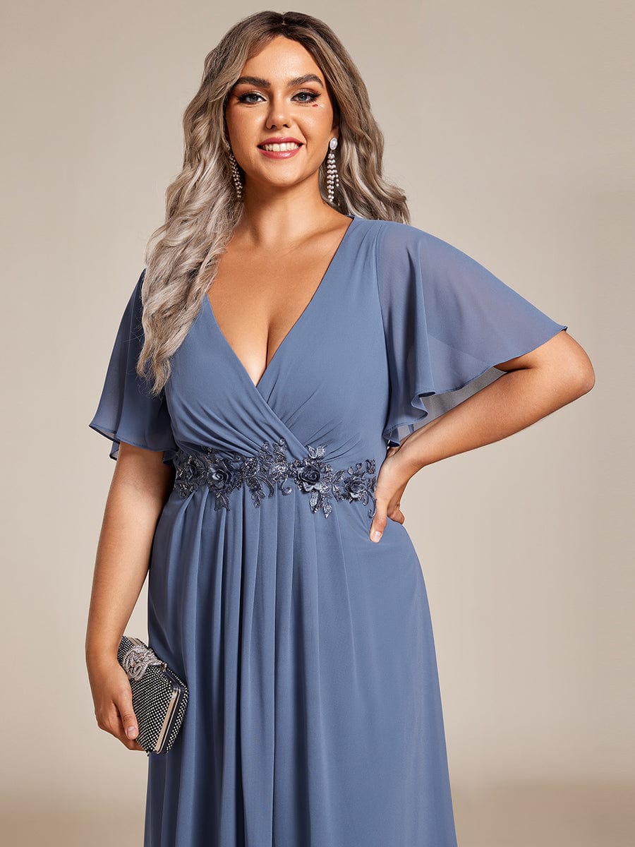 Short Sleeves V-Neck Tea Length Wedding Guest Dress with Floral Applique #color_Dusty Blue