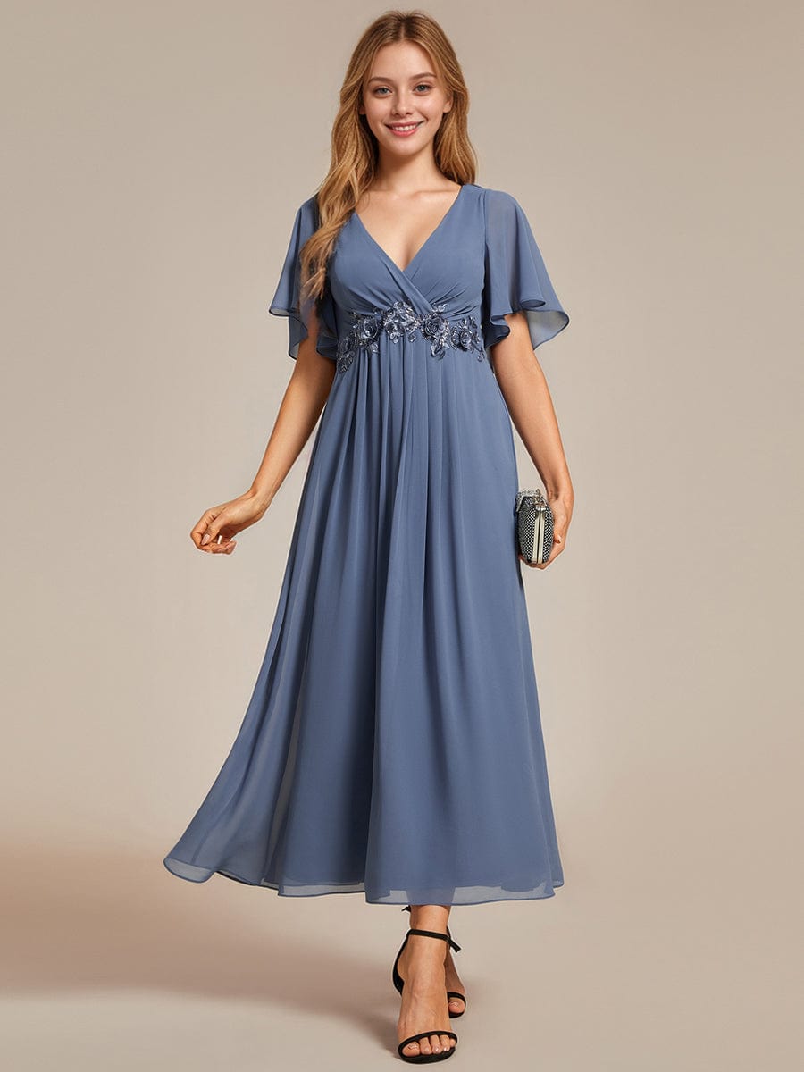 Short Sleeves V-Neck Tea Length Wedding Guest Dress with Floral Applique #color_Dusty Blue