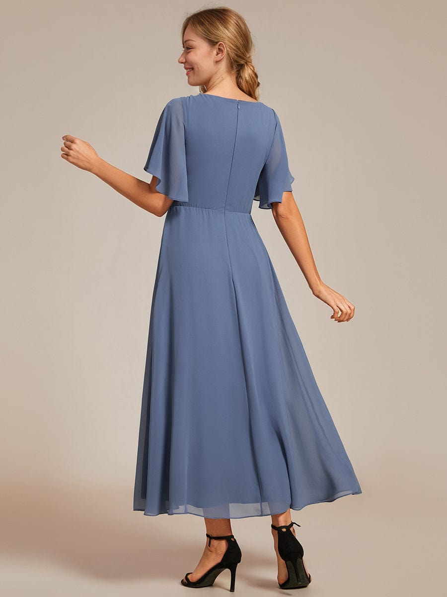 Short Sleeves V-Neck Tea Length Wedding Guest Dress with Floral Applique #color_Dusty Navy