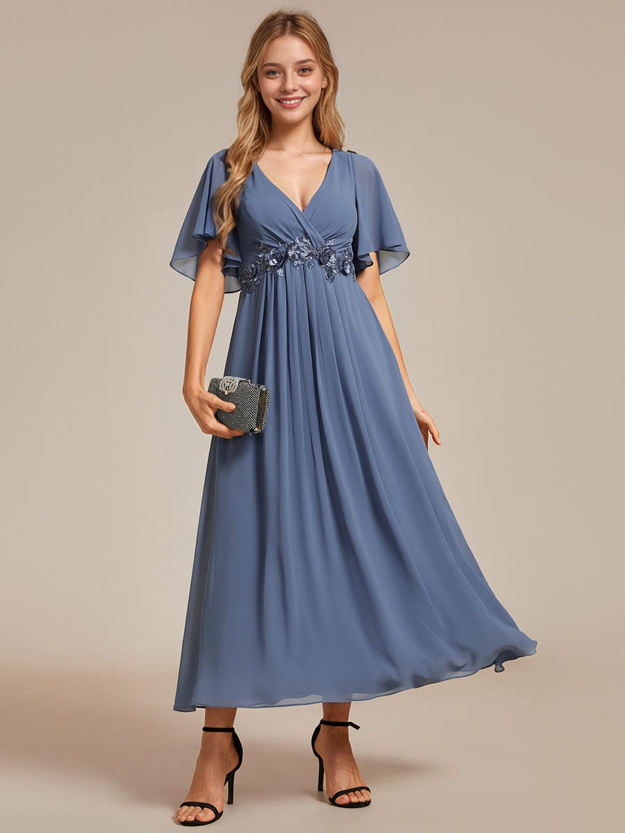 Short Sleeves V-Neck Tea Length Wedding Guest Dress with Floral Applique #color_Dusty Navy