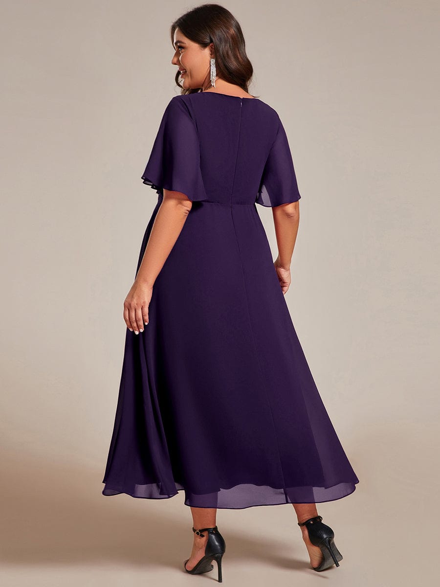 Short Sleeves V-Neck Tea Length Wedding Guest Dress with Floral Applique #color_Dark Purple