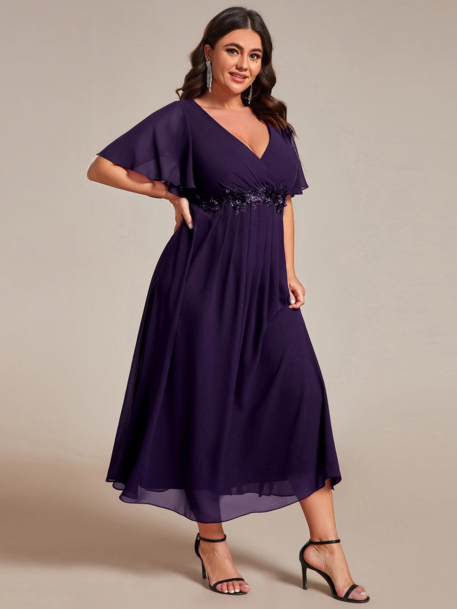 Short Sleeves V-Neck Tea Length Wedding Guest Dress with Floral Applique #color_Dark Purple