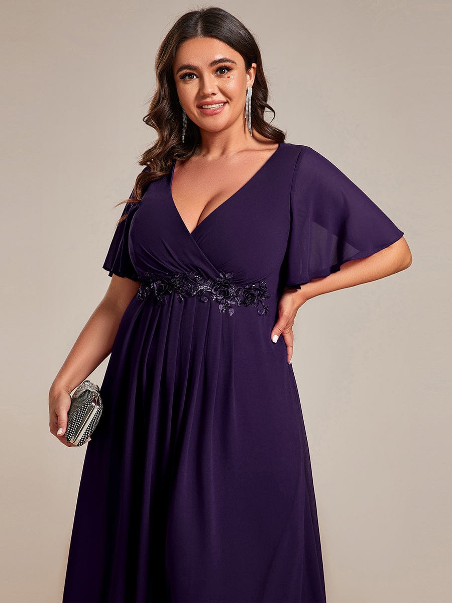 Short Sleeves V-Neck Tea Length Wedding Guest Dress with Floral Applique #color_Dark Purple