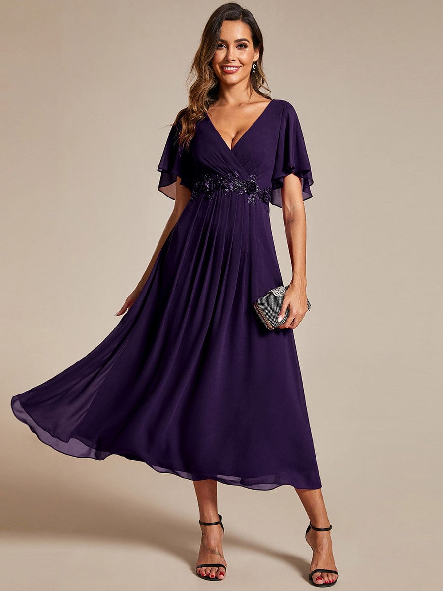 Short Sleeves V-Neck Tea Length Wedding Guest Dress with Floral Applique #color_Dark Purple