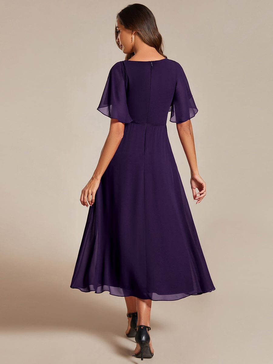 Short Sleeves V-Neck Tea Length Wedding Guest Dress with Floral Applique #color_Dark Purple