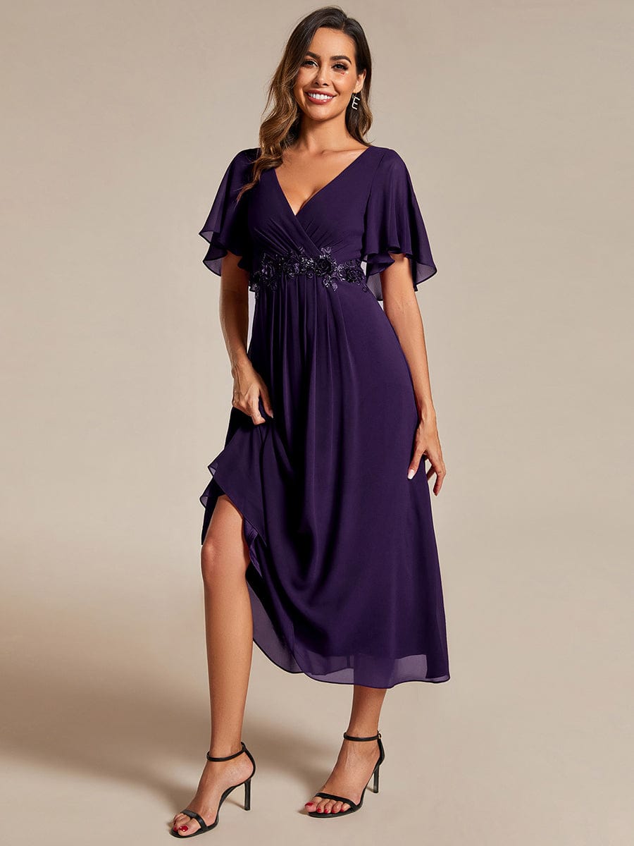 Short Sleeves V-Neck Tea Length Wedding Guest Dress with Floral Applique #color_Dark Purple