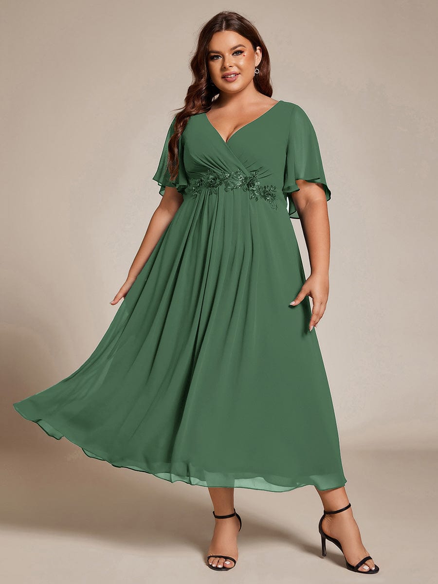 Short Sleeve V Neck Knee Length Mother of the Bride Dress #color_Eucalyptus