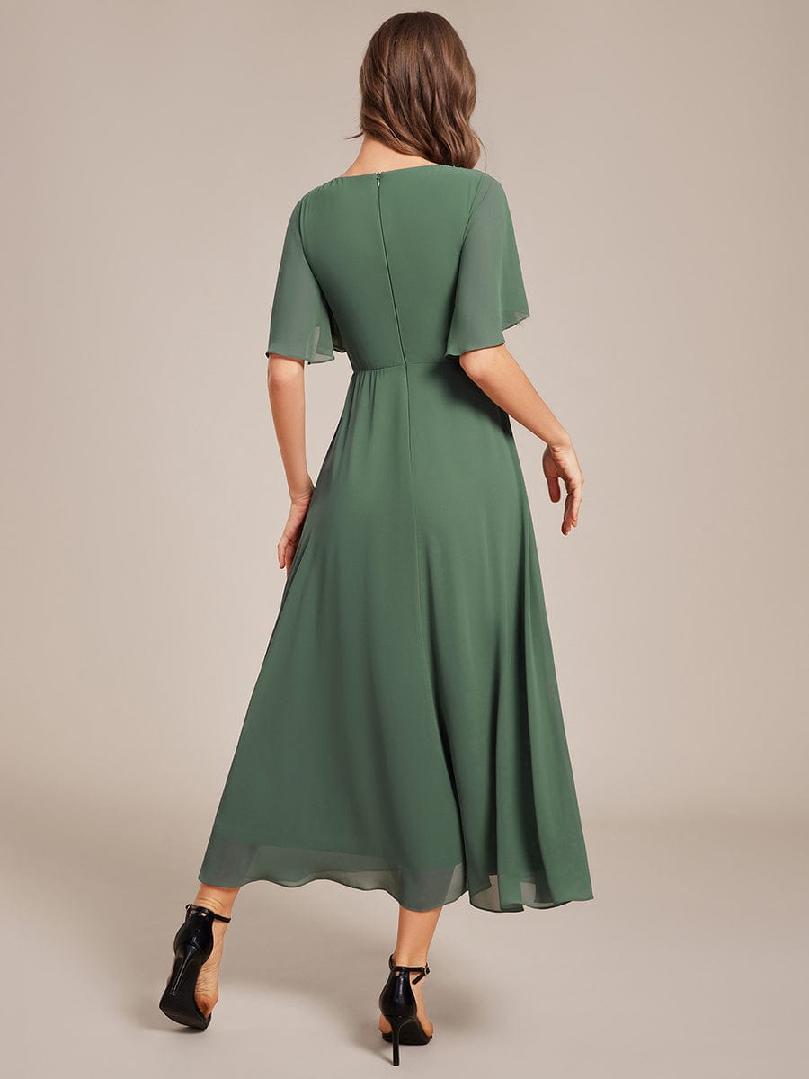 Short Sleeve V Neck Knee Length Mother of the Bride Dress #color_Eucalyptus