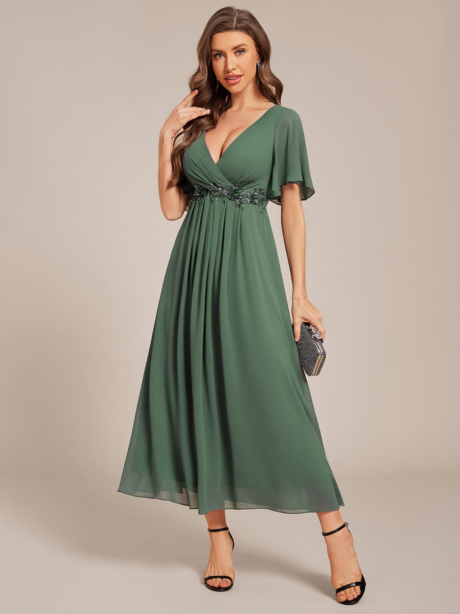 Short Sleeve V Neck Knee Length Mother of the Bride Dress #color_Eucalyptus