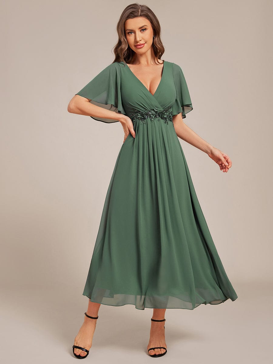 Short Sleeve V Neck Knee Length Mother of the Bride Dress #color_Eucalyptus