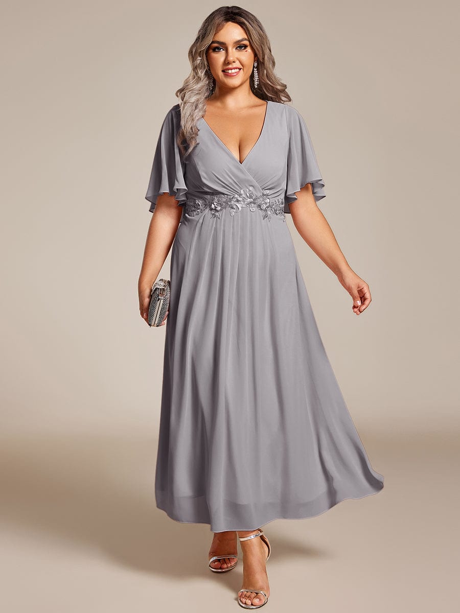 Short Sleeves V-Neck Tea Length Wedding Guest Dress with Floral Applique #color_Grey