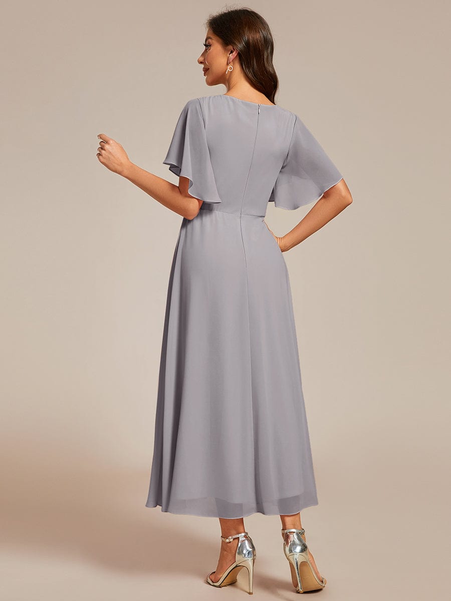 Short Sleeve V Neck Knee Length Mother of the Bride Dress #color_Grey