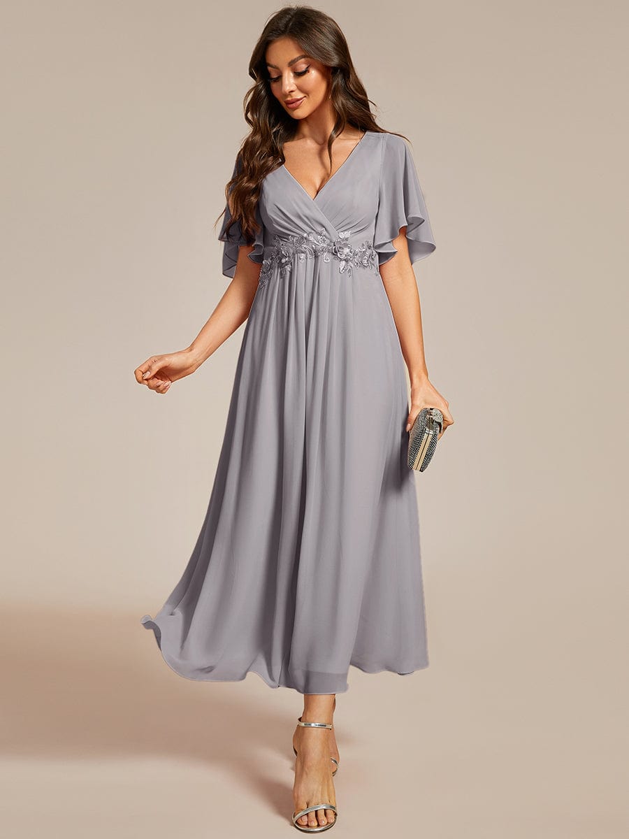 Short Sleeves V-Neck Tea Length Wedding Guest Dress with Floral Applique #color_Grey