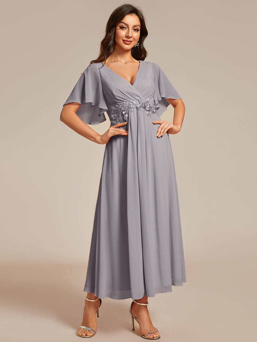 Short Sleeves V-Neck Tea Length Wedding Guest Dress with Floral Applique #color_Grey