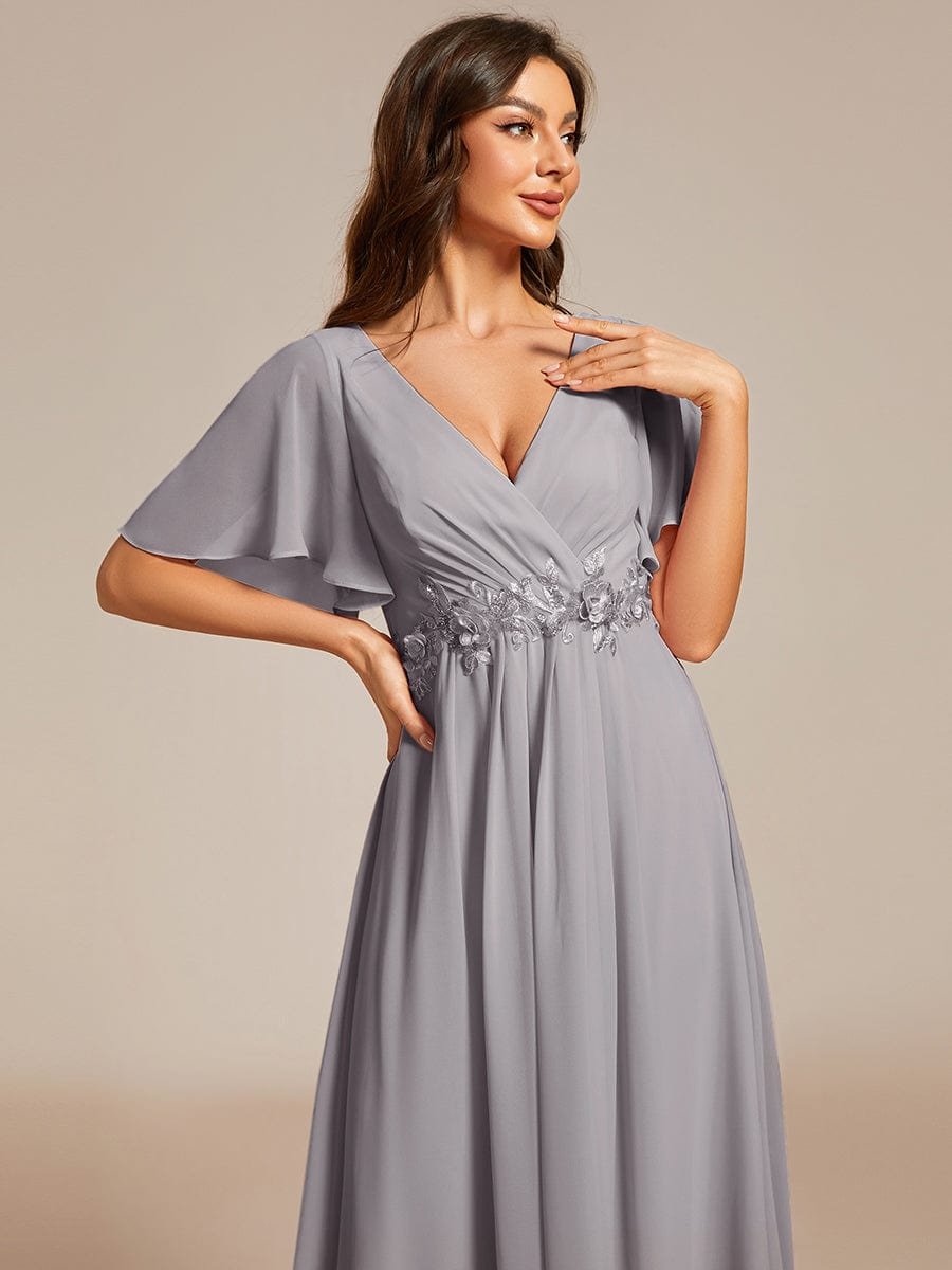 Short Sleeves V-Neck Tea Length Wedding Guest Dress with Floral Applique #color_Grey