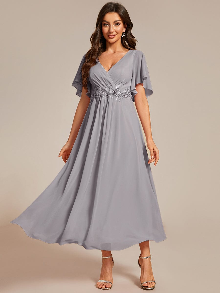 Short Sleeve V Neck Knee Length Mother of the Bride Dress #color_Grey