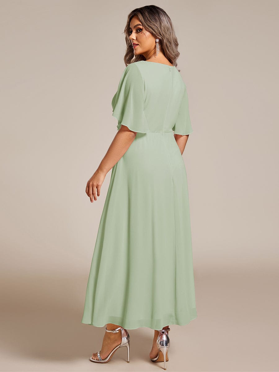 Short Sleeves V-Neck Tea Length Wedding Guest Dress with Floral Applique #color_Mint Green