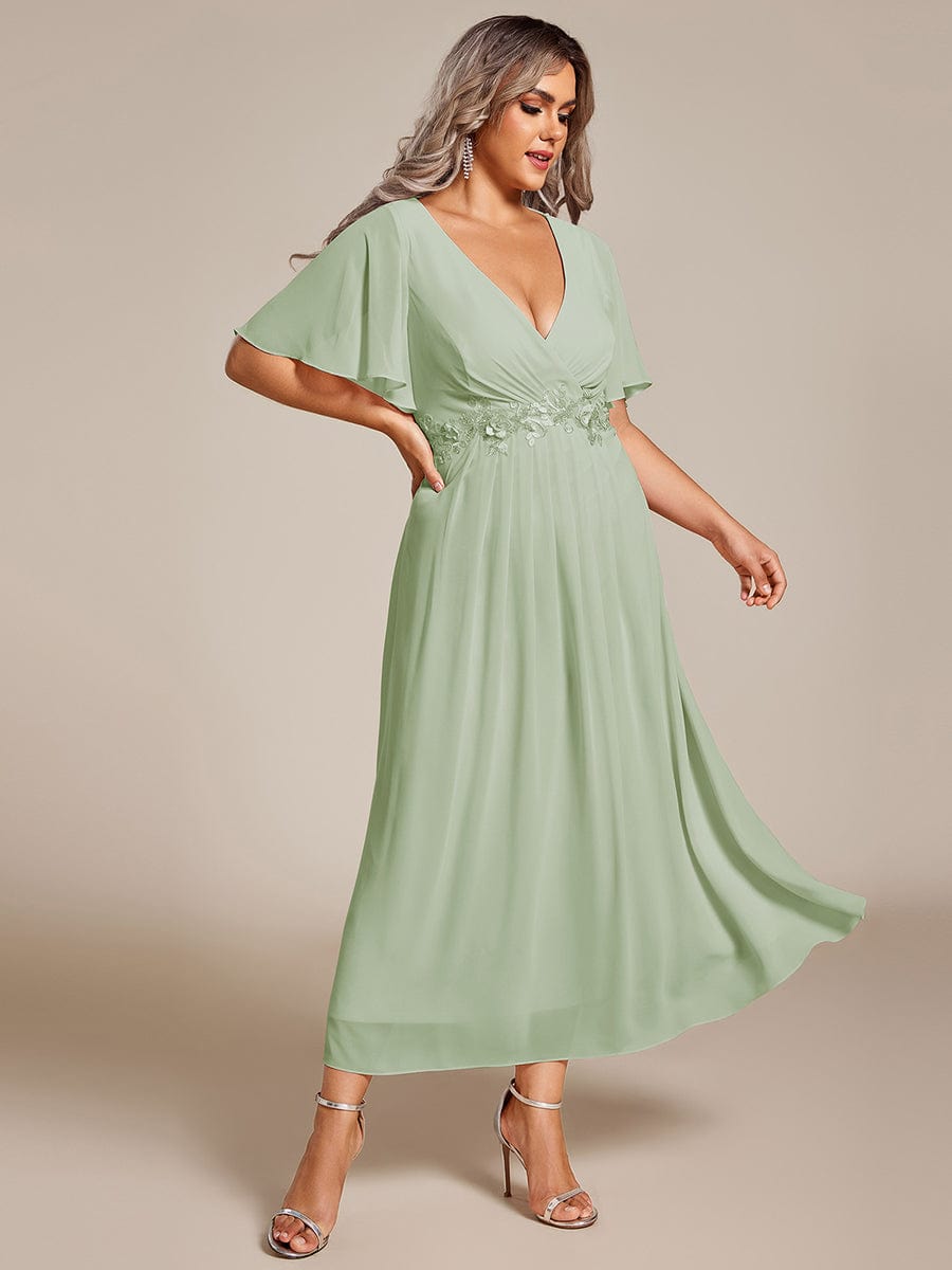 Short Sleeves V-Neck Tea Length Wedding Guest Dress with Floral Applique #color_Mint Green