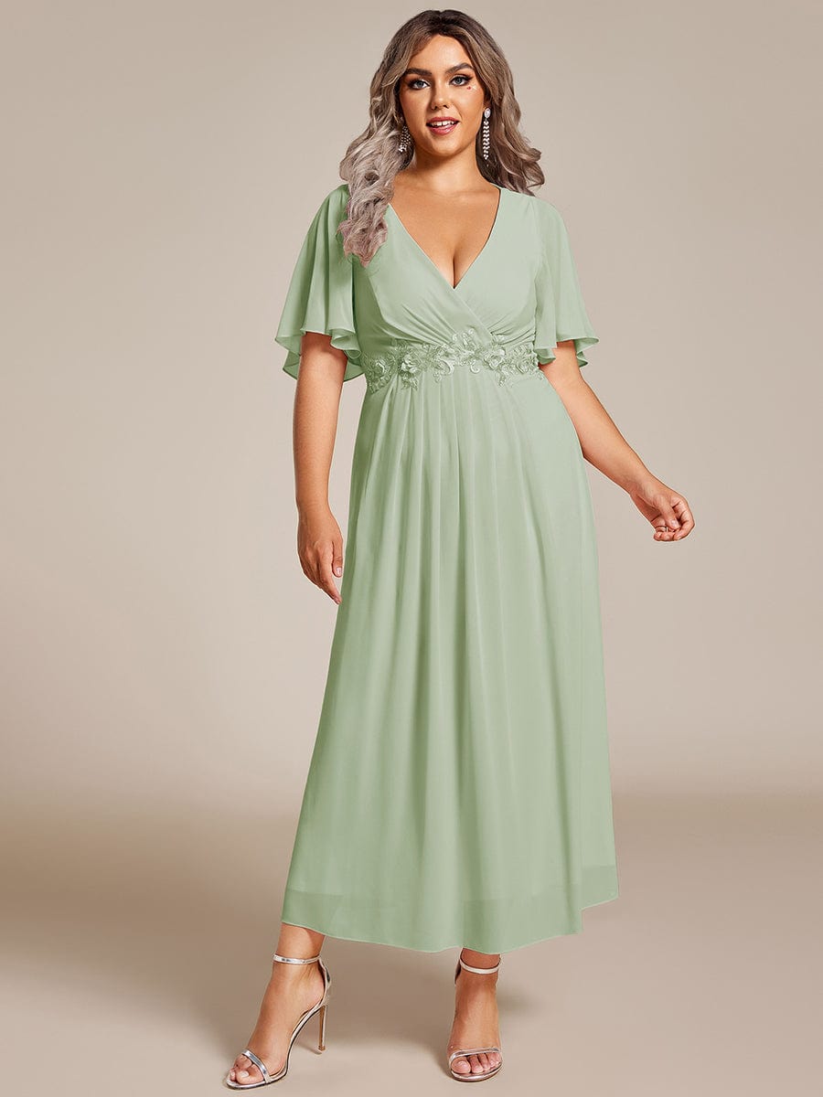 Short Sleeves V-Neck Tea Length Wedding Guest Dress with Floral Applique #color_Mint Green