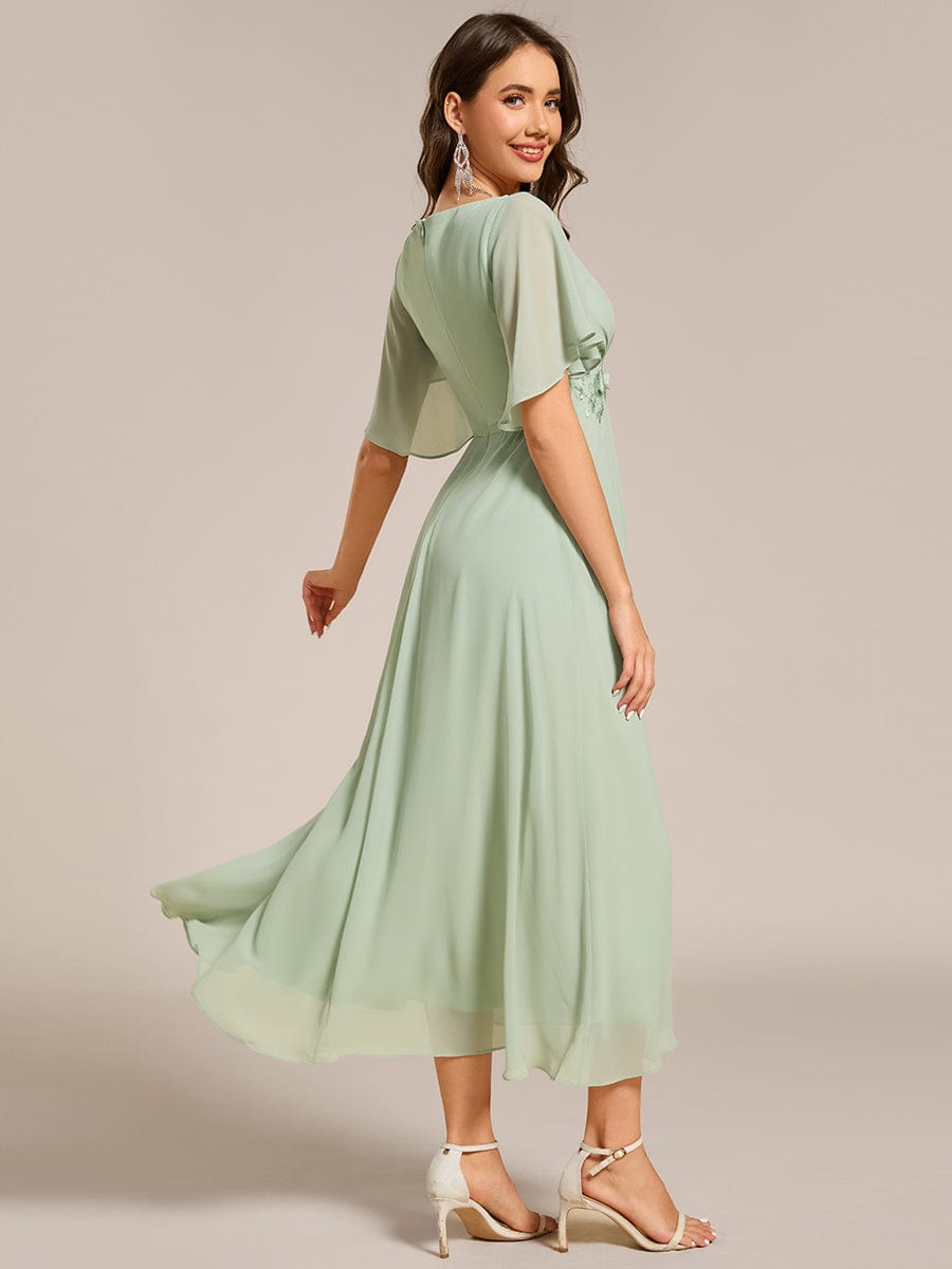 Short Sleeves V-Neck Tea Length Wedding Guest Dress with Floral Applique #color_Mint Green