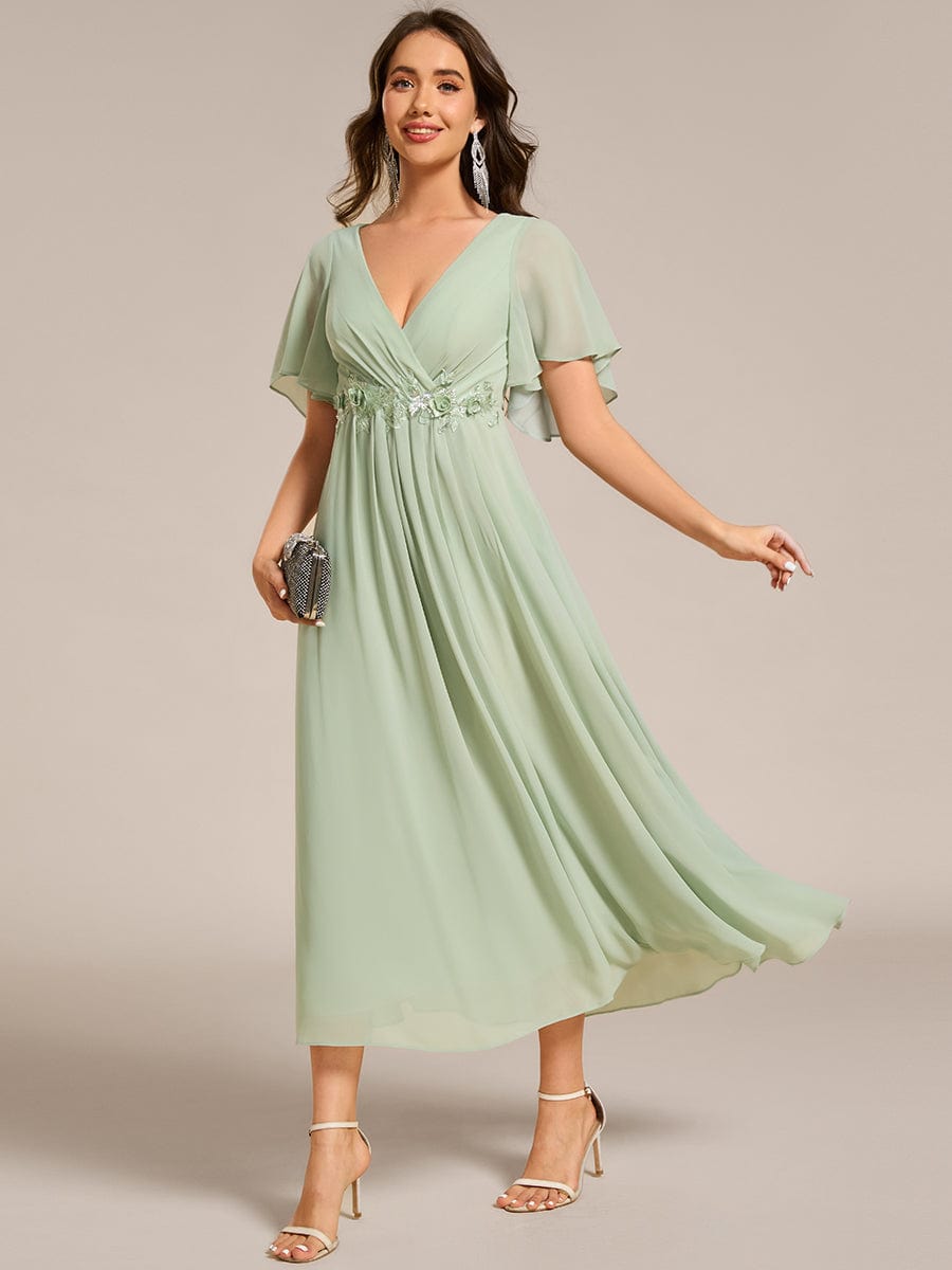 Short Sleeves V-Neck Tea Length Wedding Guest Dress with Floral Applique #color_Mint Green