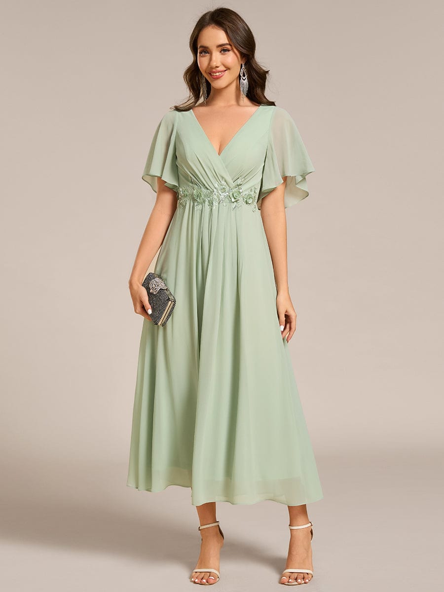 Short Sleeves V-Neck Tea Length Wedding Guest Dress with Floral Applique #color_Mint Green