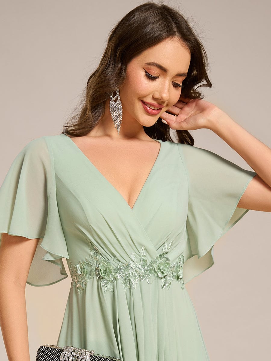 Short Sleeves V-Neck Tea Length Wedding Guest Dress with Floral Applique #color_Mint Green