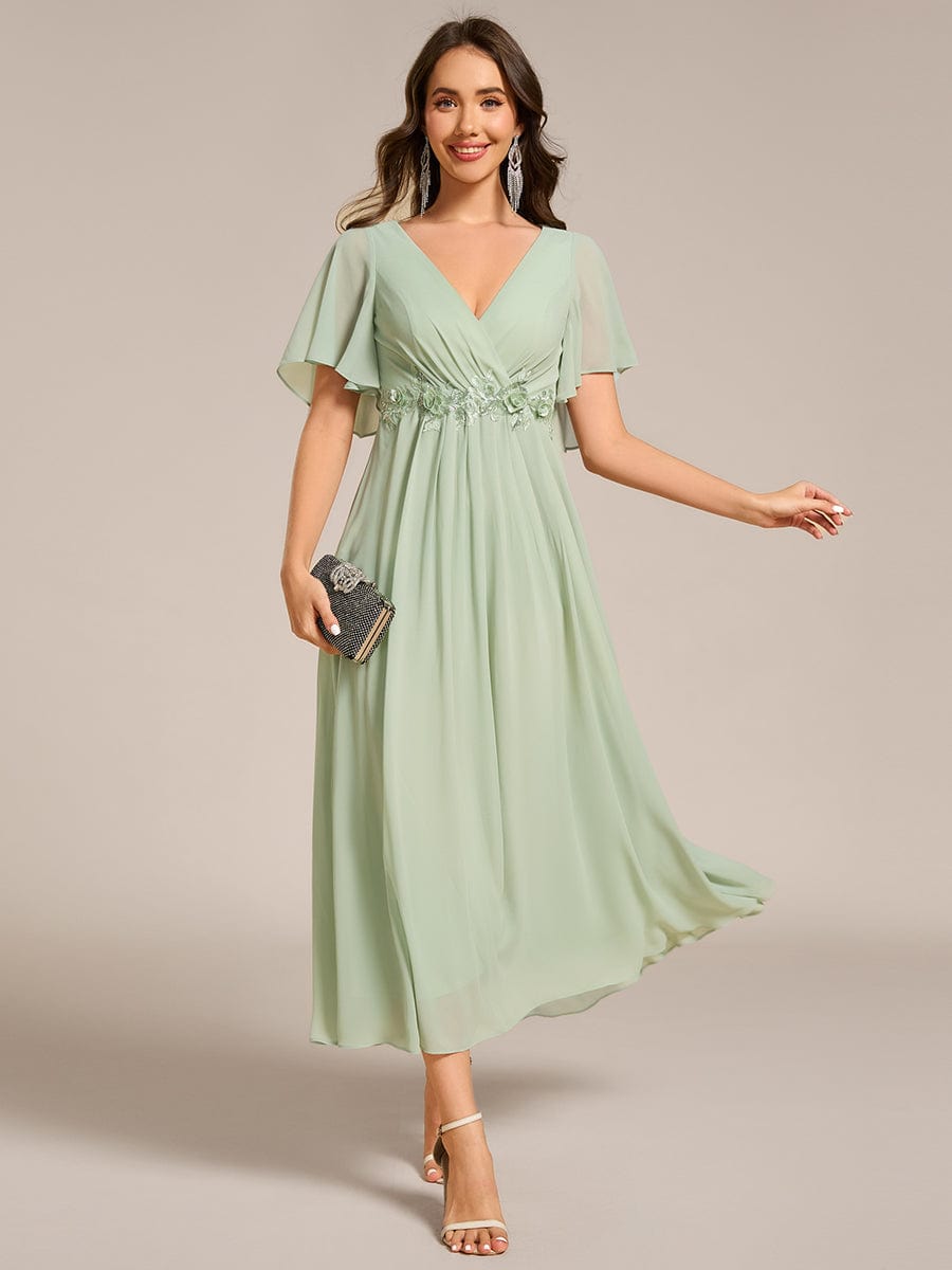 Short Sleeves V-Neck Tea Length Wedding Guest Dress with Floral Applique #color_Mint Green