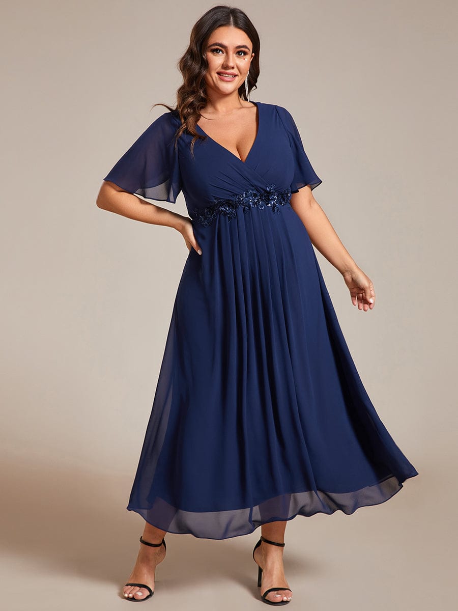 Short Sleeves V-Neck Tea Length Wedding Guest Dress with Floral Applique #color_Navy Blue