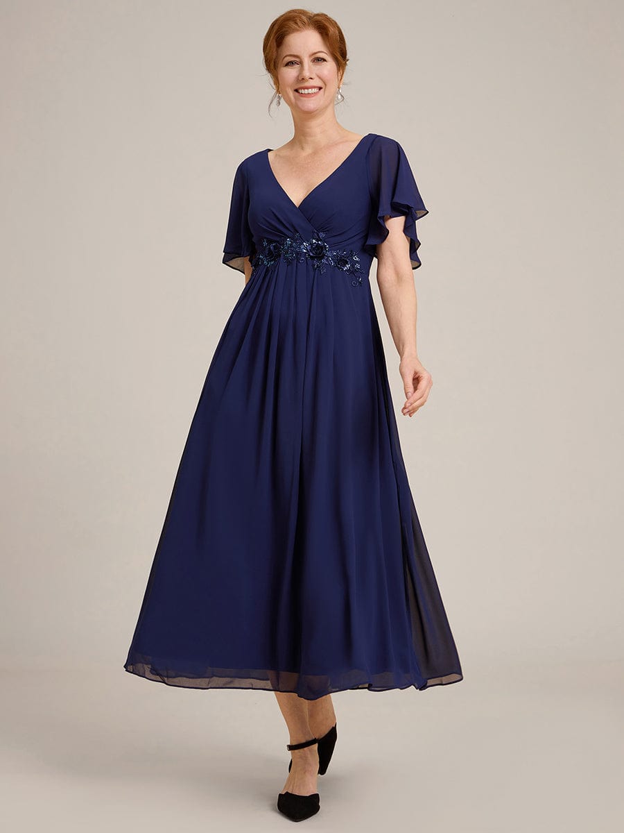 Short Sleeve V Neck Knee Length Mother of the Bride Dress #color_Navy Blue