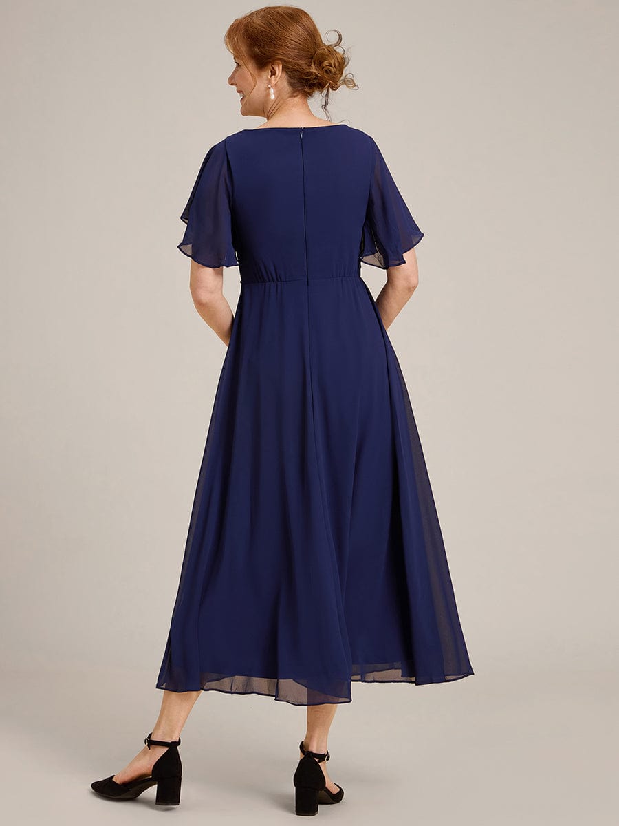 Short Sleeves V-Neck Tea Length Wedding Guest Dress with Floral Applique #color_Navy Blue