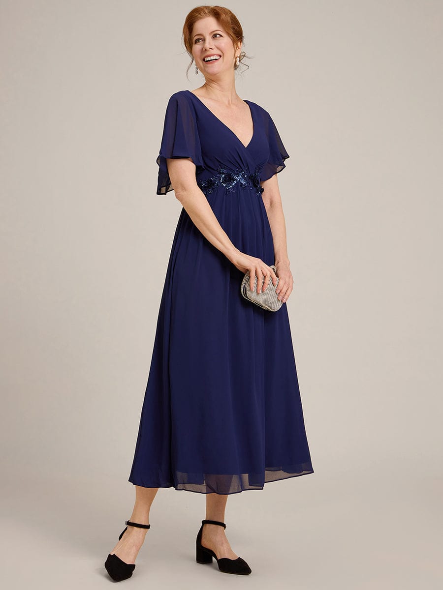 Short Sleeve V Neck Knee Length Mother of the Bride Dress #color_Navy Blue