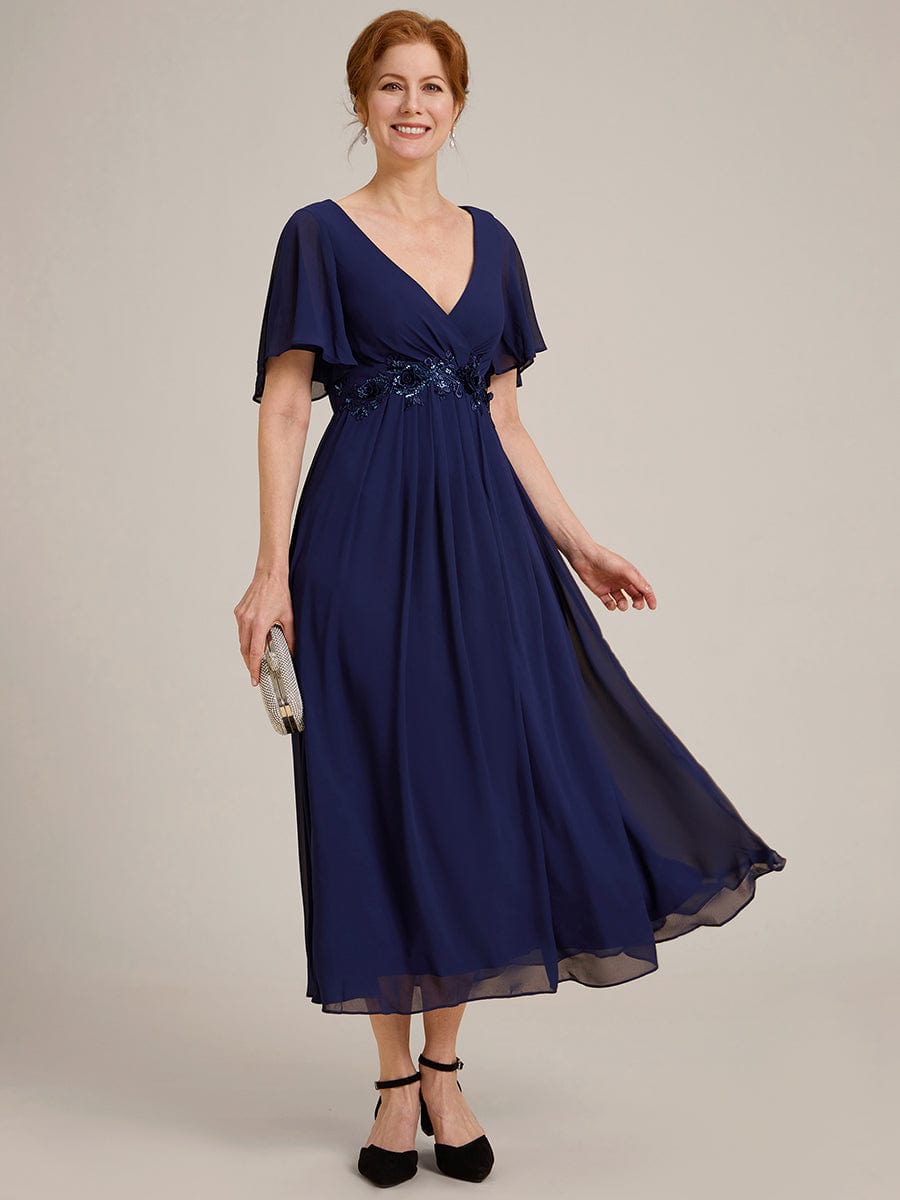 Short Sleeves V-Neck Tea Length Wedding Guest Dress with Floral Applique #color_Navy Blue