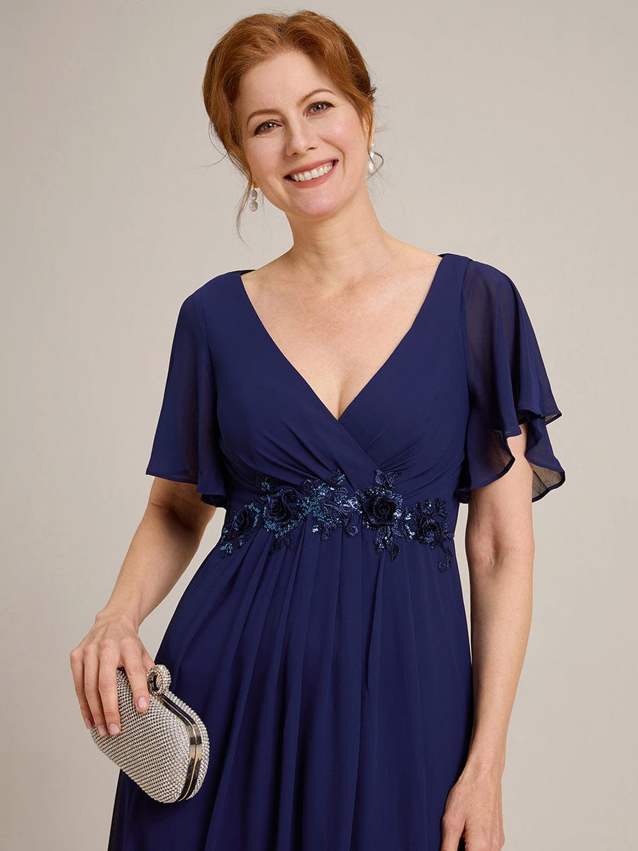 Short Sleeve V Neck Knee Length Mother of the Bride Dress #color_Navy Blue