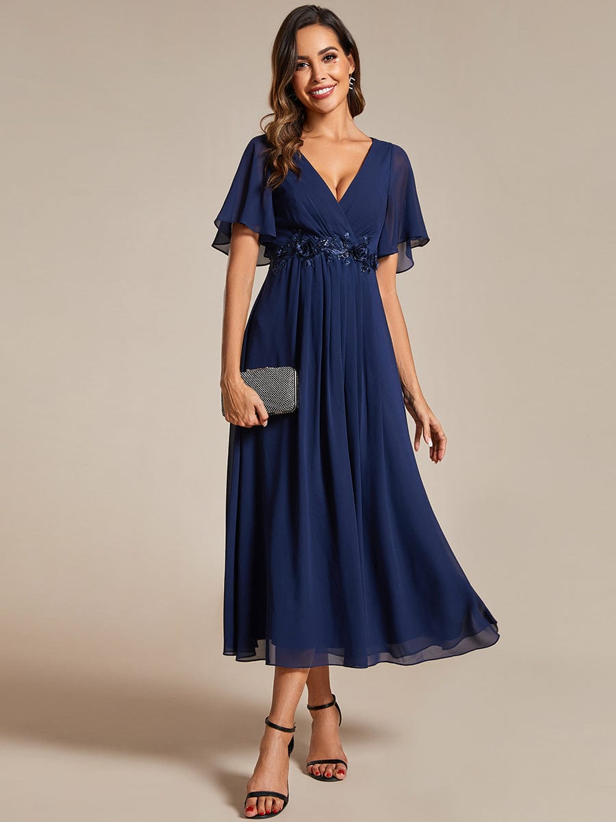 Short Sleeves V-Neck Tea Length Wedding Guest Dress with Floral Applique #color_Navy Blue