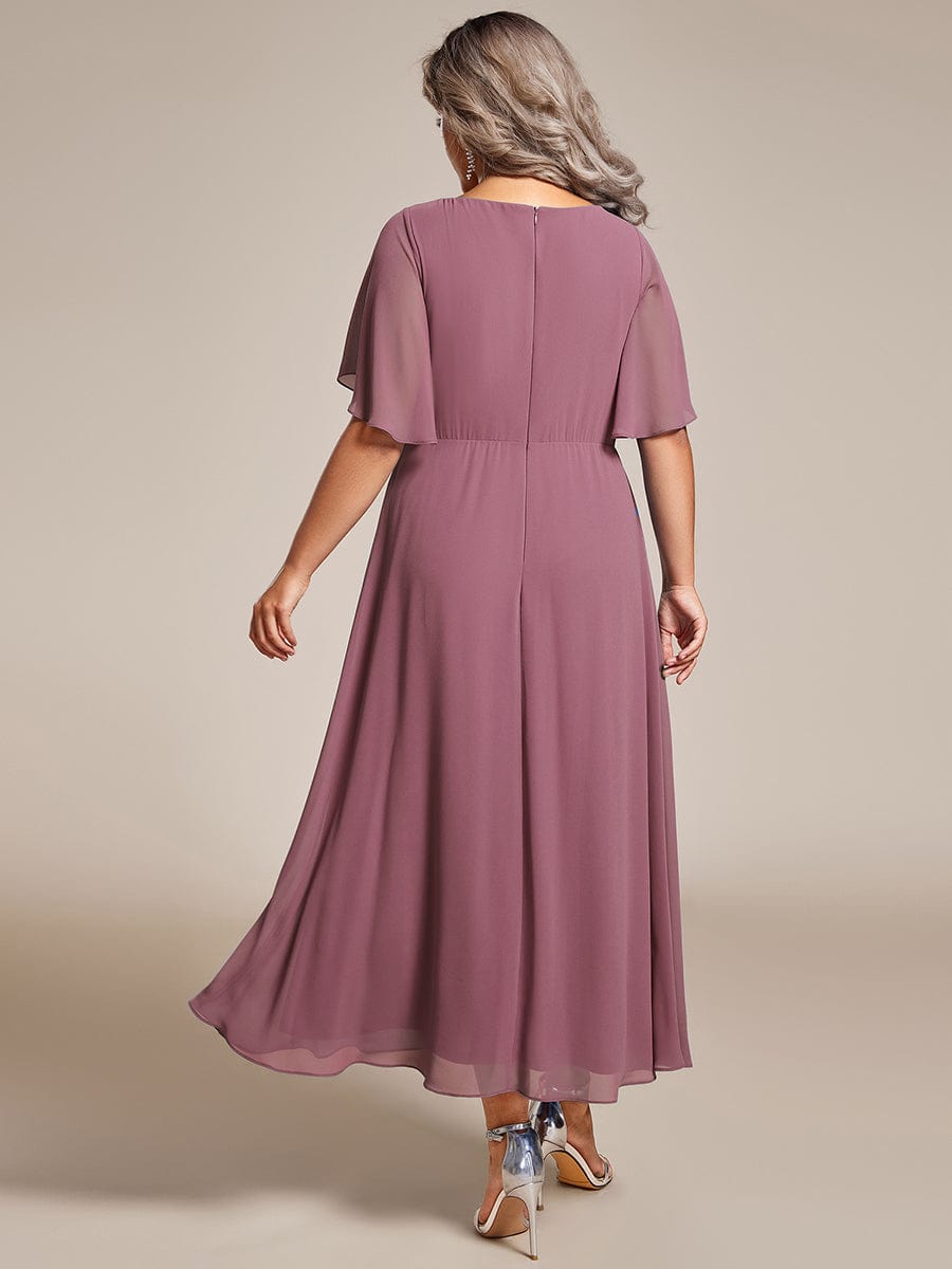 Short Sleeve V Neck Knee Length Mother of the Bride Dress #color_Purple Orchid