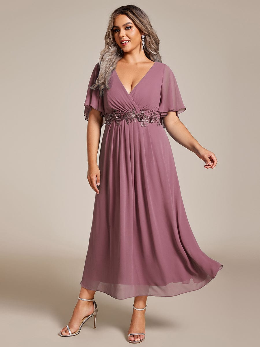 Short Sleeves V-Neck Tea Length Wedding Guest Dress with Floral Applique #color_Purple Orchid