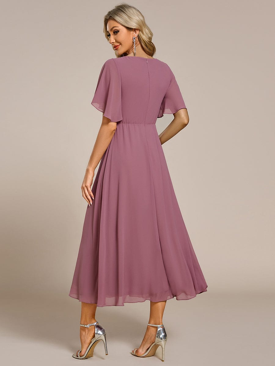 Short Sleeves V-Neck Tea Length Wedding Guest Dress with Floral Applique #color_Purple Orchid