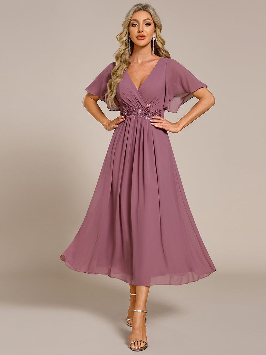 Short Sleeve V Neck Knee Length Mother of the Bride Dress #color_Purple Orchid