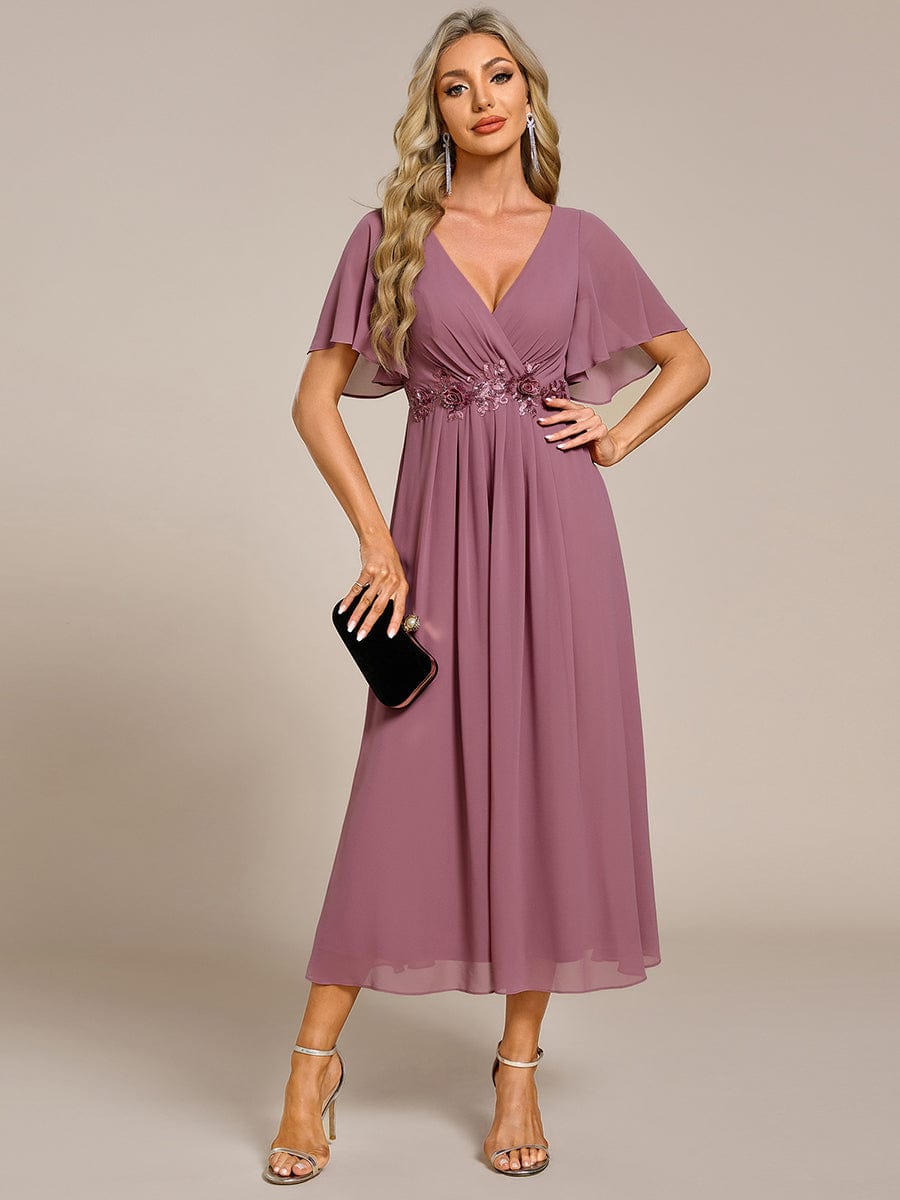 Short Sleeve V Neck Knee Length Mother of the Bride Dress #color_Purple Orchid