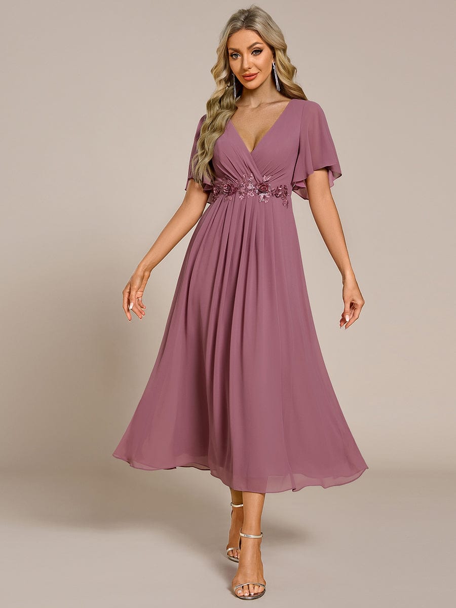 Short Sleeve V Neck Knee Length Mother of the Bride Dress #color_Purple Orchid