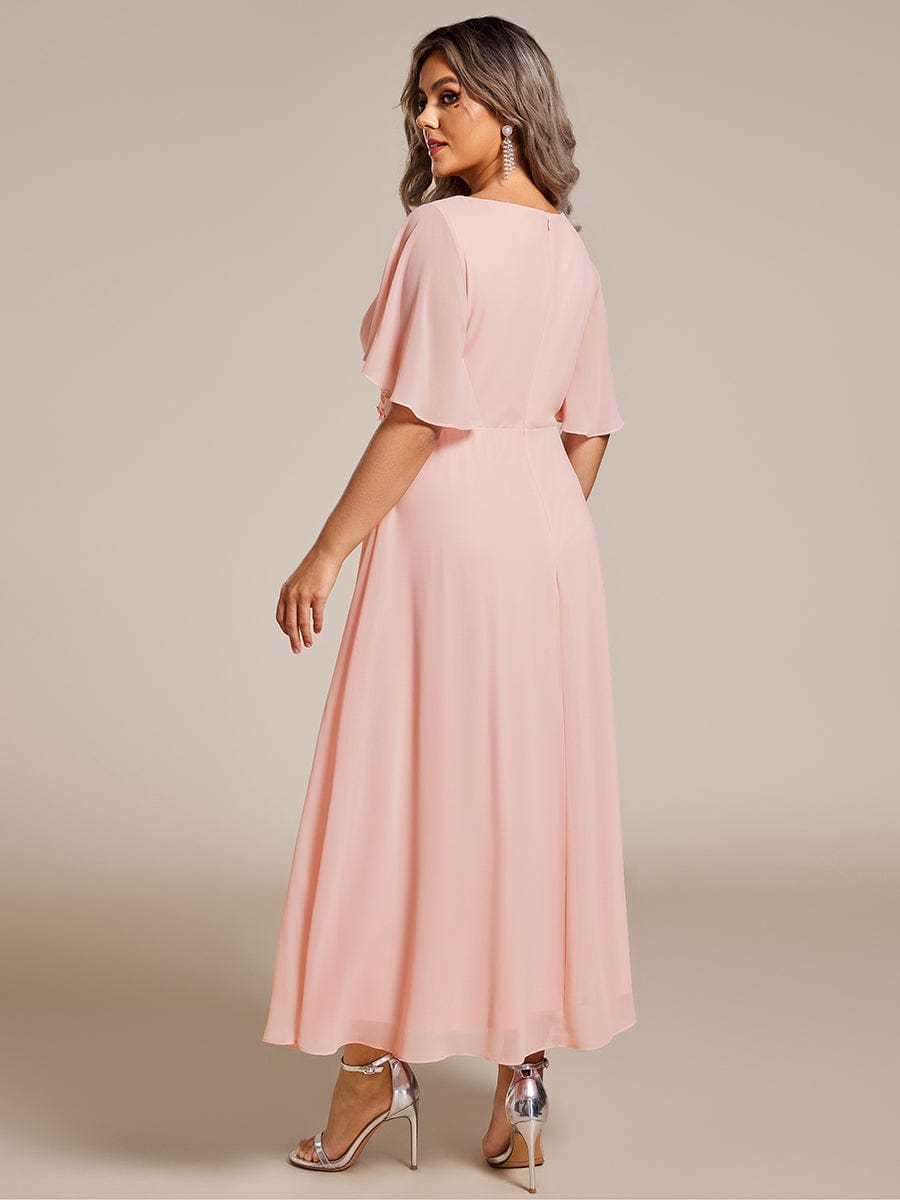 Short Sleeves V-Neck Tea Length Wedding Guest Dress with Floral Applique #color_Pink