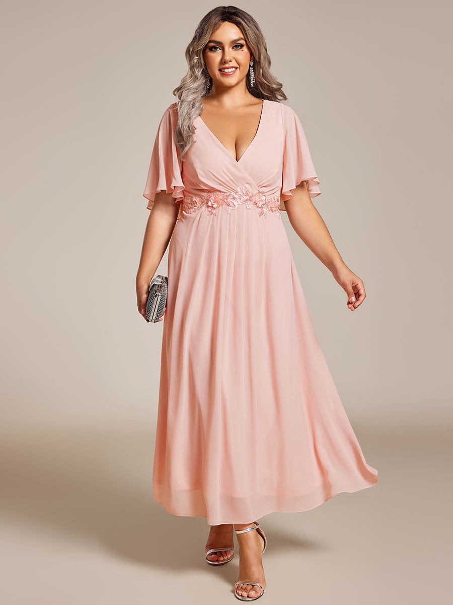 Short Sleeves V-Neck Tea Length Wedding Guest Dress with Floral Applique #color_Pink