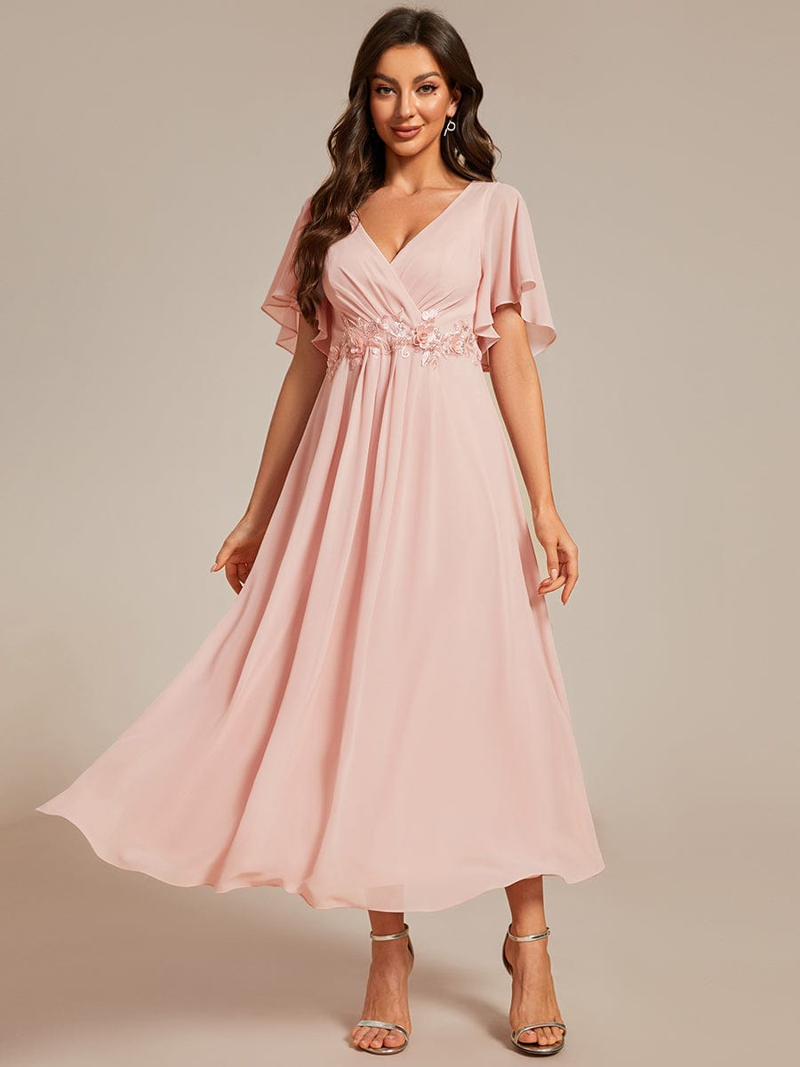 Short Sleeves V-Neck Tea Length Wedding Guest Dress with Floral Applique #color_Pink