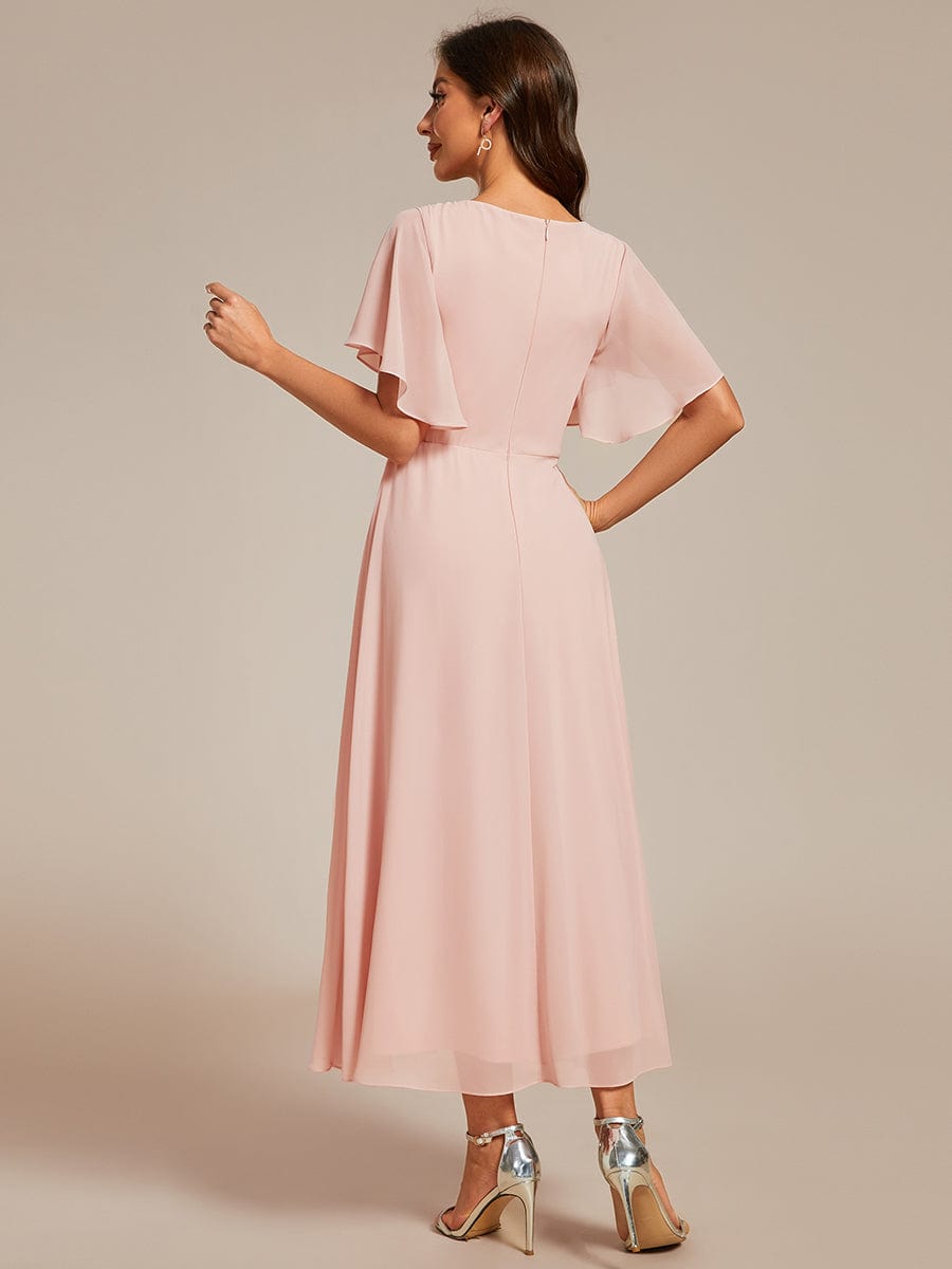 Short Sleeves V-Neck Tea Length Wedding Guest Dress with Floral Applique #color_Pink