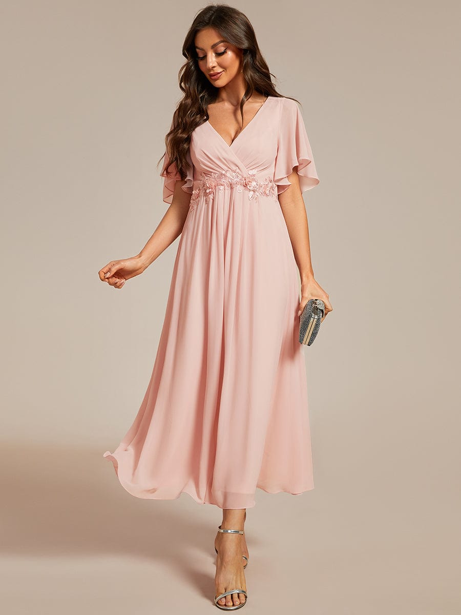 Short Sleeves V-Neck Tea Length Wedding Guest Dress with Floral Applique #color_Pink