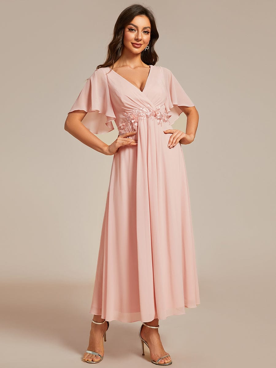 Short Sleeve V Neck Knee Length Mother of the Bride Dress #color_Pink